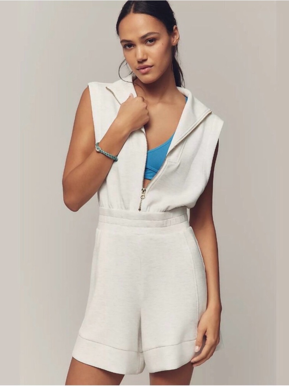 Varley Cream Sleeveless Zip-Front Romper with High Waist